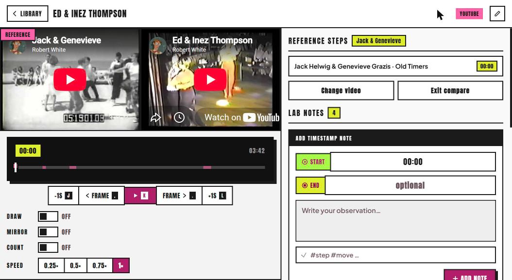Comparing the Ed and Inez Thompson clip side by side with Jack and Genevieve as the reference, with reference steps listed alongside