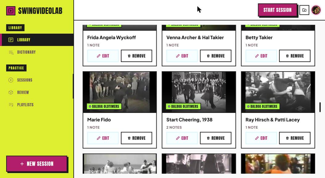 SwingVideoLab library filtered to the Balboa Oldtimers folder, showing a grid of vintage clips of Marie Fido, Betty Takier and other old timers